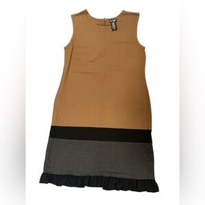 Lord and Taylor sleeveless mid length colour block ruffle hem dress brown/black